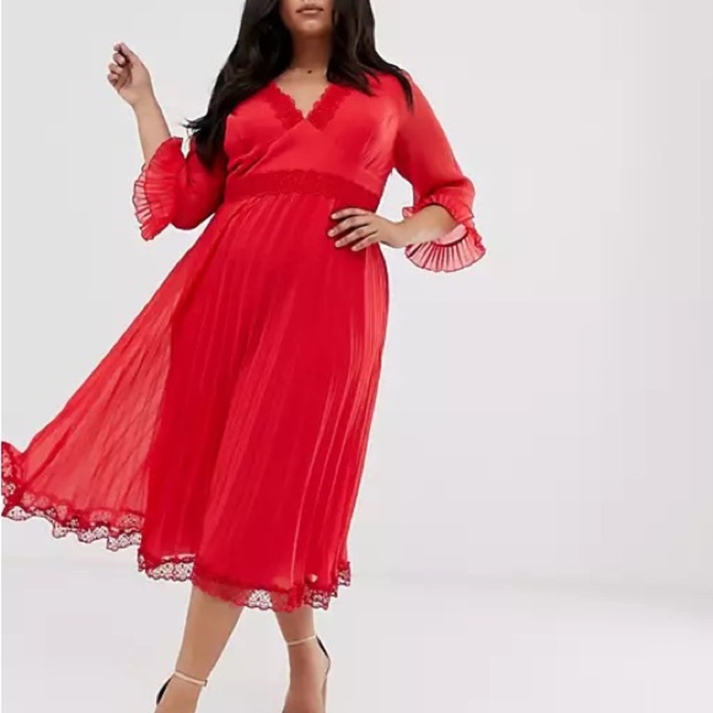 ASOS DESIGN Curve pleated red midi dress, size 18, flaw